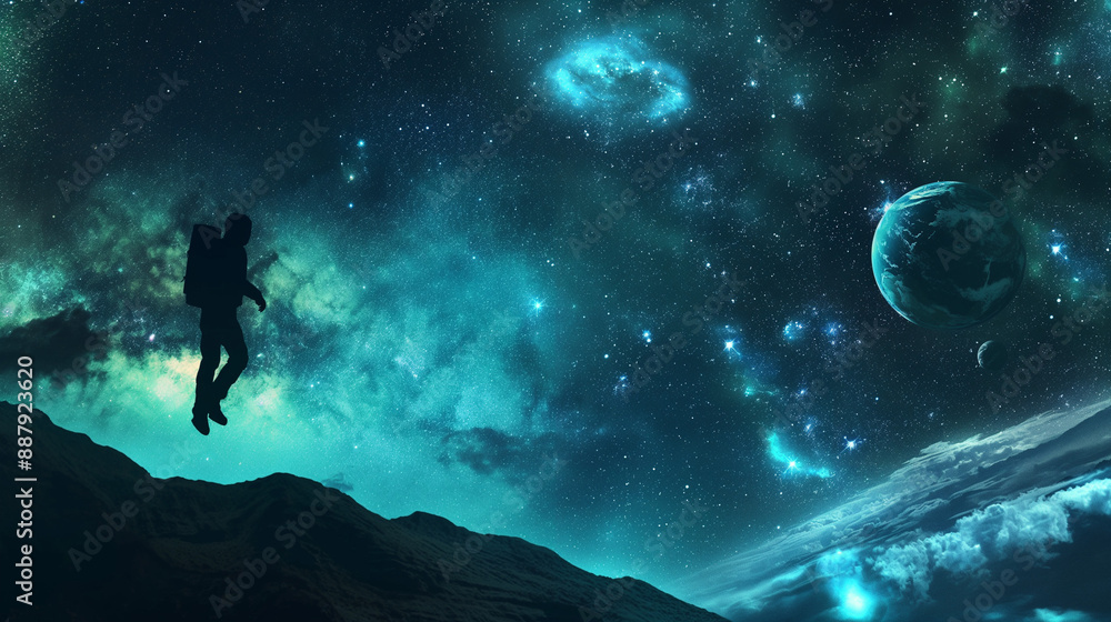 Night landscape with Silhouette of a astronaut jumping starry night with big steampunk spaceship Night landscape with Silhouette of a astronaut jumping starry night with big steampunk spaceship
