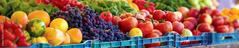 fresh produce market stall display with oranges, apples, grapes, and tomatoes in blue crate. fresh produce market stall display with oranges, apples, grapes, and tomatoes in blue crate.