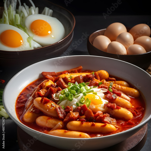 Tteokbokki meet spicy sauce, while the egg from above. photo