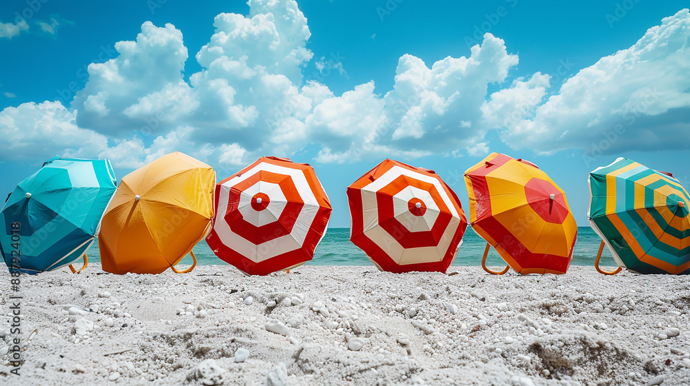 Obraz premium Colorful beach umbrellas lined up on a sandy beach with a bright blue sky and fluffy clouds, symbolizing a perfect summer day.