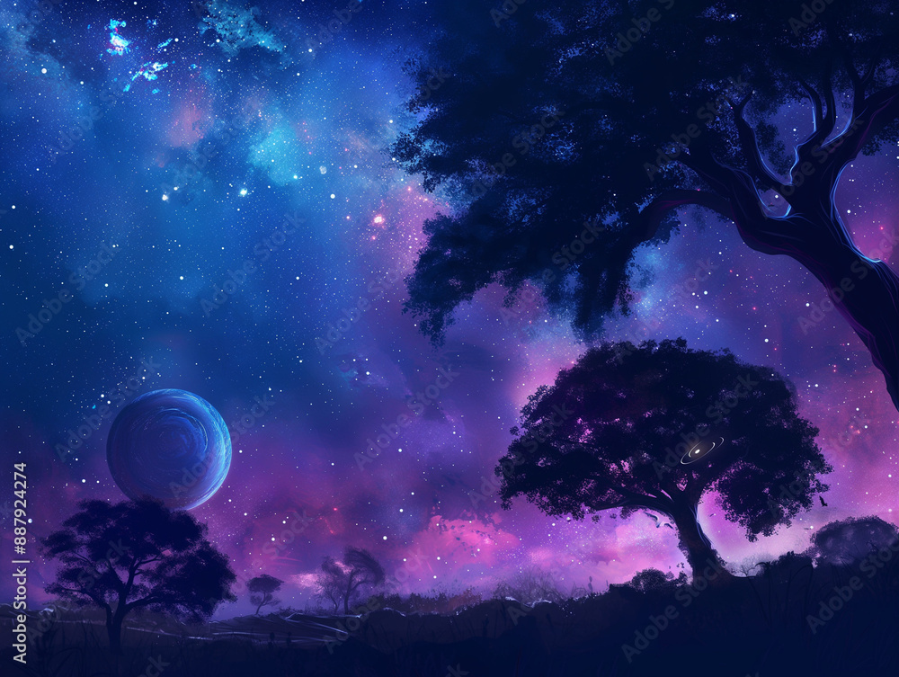 Naklejka premium Night landscape with and starry night with 