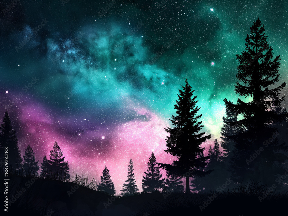 Night landscape with and starry night with Night landscape with and starry night with