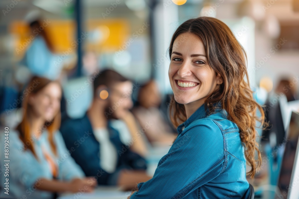 A smiling, happy businesswoman radiates warmth and positivity in the modern office environment, surrounded by her team. A smiling, happy businesswoman radiates warmth and positivity in the modern office environment, surrounded by her team.