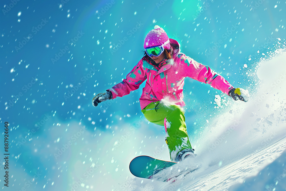 A snowboarder in colorful gear carving through fresh snow on a sunny day, capturing the excitement and energy of winter sports.