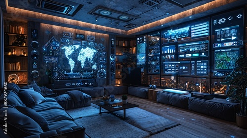 Entertainment room in a digital smart home with holographic images showing streaming services, gaming interfaces, and smart sound system controls on the walls photo