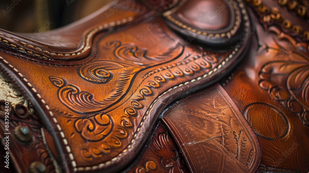 Detailed close-up of intricately designed, ornate leather saddle Detailed close-up of intricately designed, ornate leather saddle