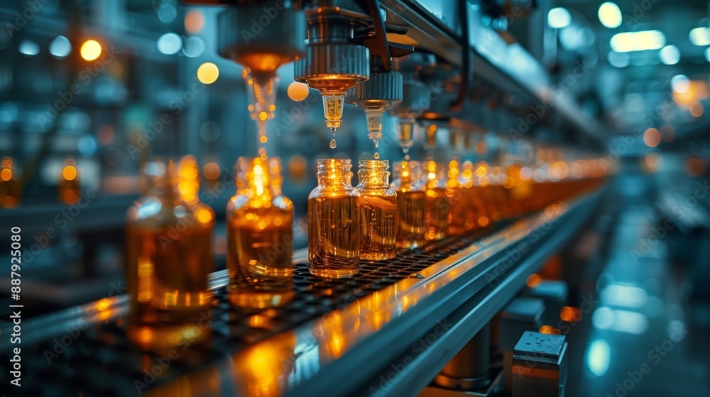 Close-up of a liquid filling line in a modern industrial facility. The bottles are moving along a conveyor belt and being filled with liquid. Close-up of a liquid filling line in a modern industrial facility. The bottles are moving along a conveyor belt and being filled with liquid.
