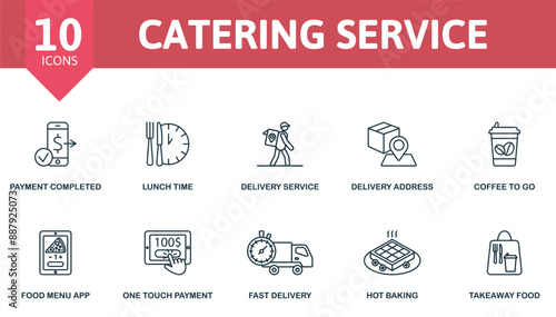 Catering Service thin line icon set. Payment Completed, Lunch Time, Delivery Service, Delivery Address, Coffee To Go, Food Menu App, One Touch Payment, Fast Delivery, Hot Baking, Takeaway Food icons