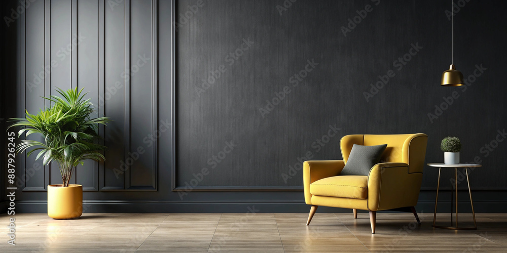 Obraz premium Wall mock-up in dark tones with yellow armchair on black wall background.