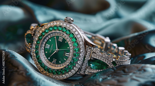 luxury females wrist watch, emeralds, diamonds on withe gold photo