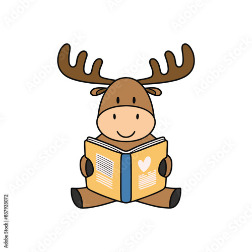 Doodle illustration of a cute moose reading a book