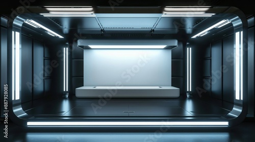 A 3D render of a blank booth system with a futuristic, high-tech design, featuring LED lights and sleek surfaces. 