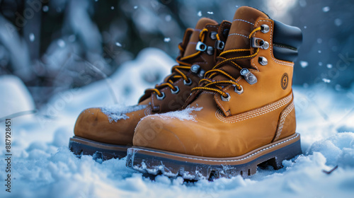 A pair of sturdy brown hiking boots resting in the snow, illustrating winter outdoor gear and adventure.