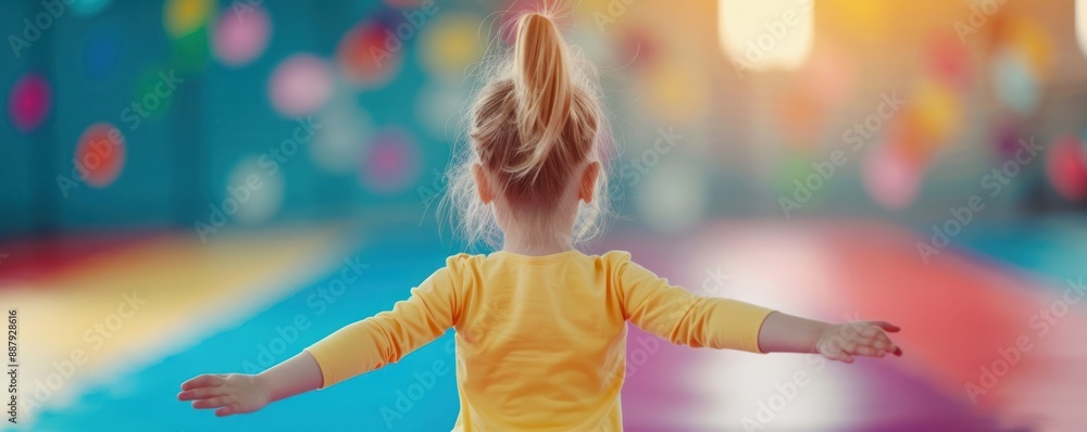 Girls aged 3 years practicing gymnastics at Olympic level concept focus on, training discipline, vibrant, Double exposure, gymnastics mat
