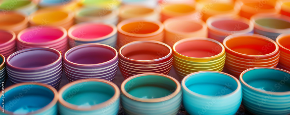 A vibrant display of colorful ceramic bowls arranged in neat rows, showcasing a variety of hues and textures in a stunning visual composition. A vibrant display of colorful ceramic bowls arranged in neat rows, showcasing a variety of hues and textures in a stunning visual composition.