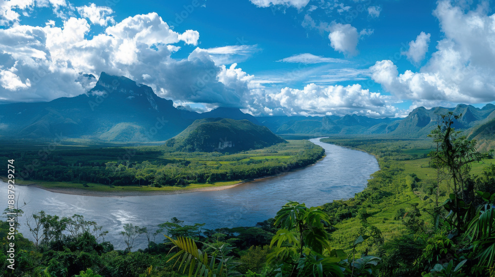Beautiful view of the Amazon River winding through lush green rainforests and mountains. Beautiful view of the Amazon River winding through lush green rainforests and mountains.