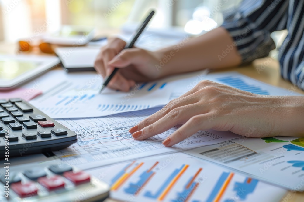 A close-up view of a pen placed on paper charts and graphs, ideal for an analytics background. A close-up view of a pen placed on paper charts and graphs, ideal for an analytics background.