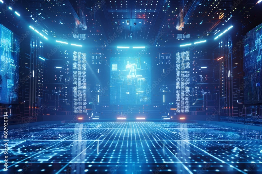 Fototapeta premium An empty stage in a futuristic virtual reality arena, with a grid-like floor, holographic projections, and a digital landscape changing in the background.
