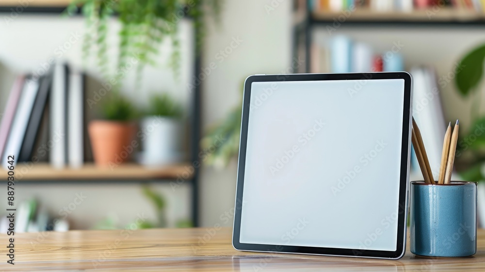 Tablet on wooden desk in home office with indoor plants and bookshelves Tablet on wooden desk in home office with indoor plants and bookshelves