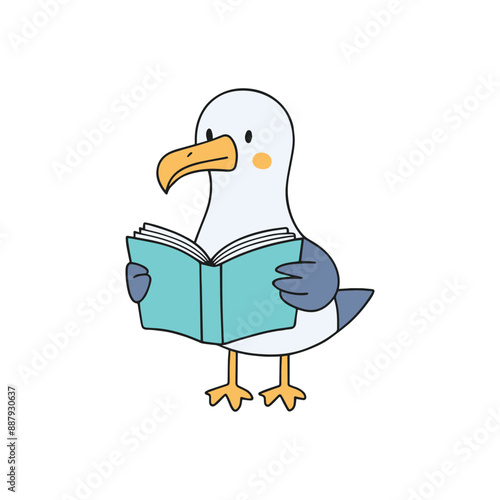 Doodle illustration of a cute seagull reading a book