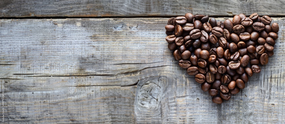 Heart shaped coffee beans arranged on a rustic wooden surface with copy space image Heart shaped coffee beans arranged on a rustic wooden surface with copy space image