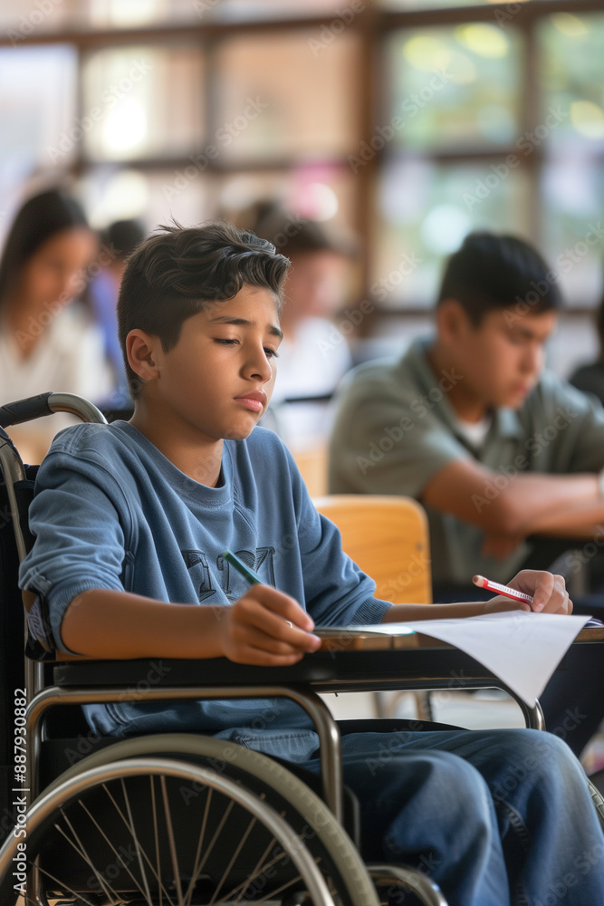 Focused Boy in Wheelchair Studying in Inclusive Classroom Focused Boy in Wheelchair Studying in Inclusive Classroom