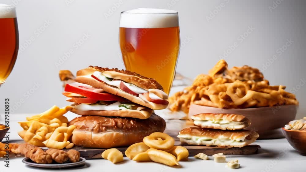 Delicious feast with beer and snacks perfect for a casual gathering Delicious feast with beer and snacks perfect for a casual gathering