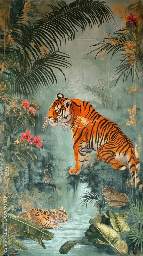 Fototapeta premium Vintage wallpaper of jungle scene with tigers and tree frogs, pastel color, oil painting style. 