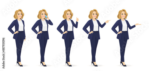 Elegant beautiful business woman in suit half turn view different gestures set. Standing, showing, pointing, talking on the phone, thumb up isolated vector illustration.