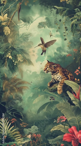 Fototapeta Naklejka Na Ścianę i Meble -  Vintage wallpaper of jungle with pumas and hummingbirds, pastel color, oil painting style. 