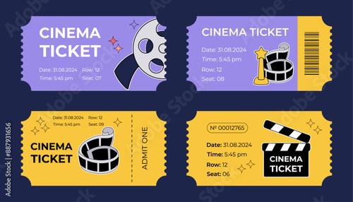 Movie retro coupons in purple and yellow colors. Groovy cinema ticket templates set with mascot 2000s design elements. Vector