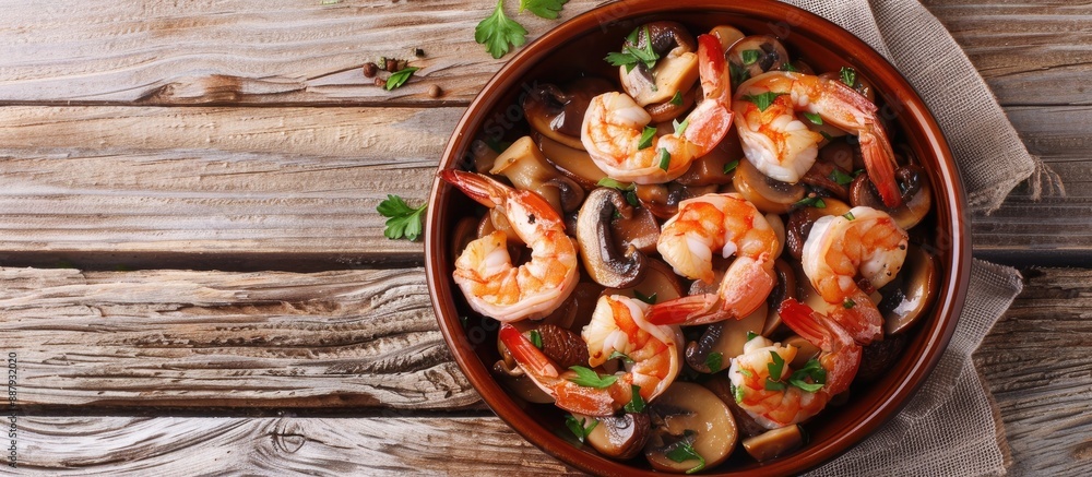 Close up copy space image of homemade style stir fried shiitake mushrooms and shrimp with soy sauce in a ceramic dish on a wooden table Close up copy space image of homemade style stir fried shiitake mushrooms and shrimp with soy sauce in a ceramic dish on a wooden table