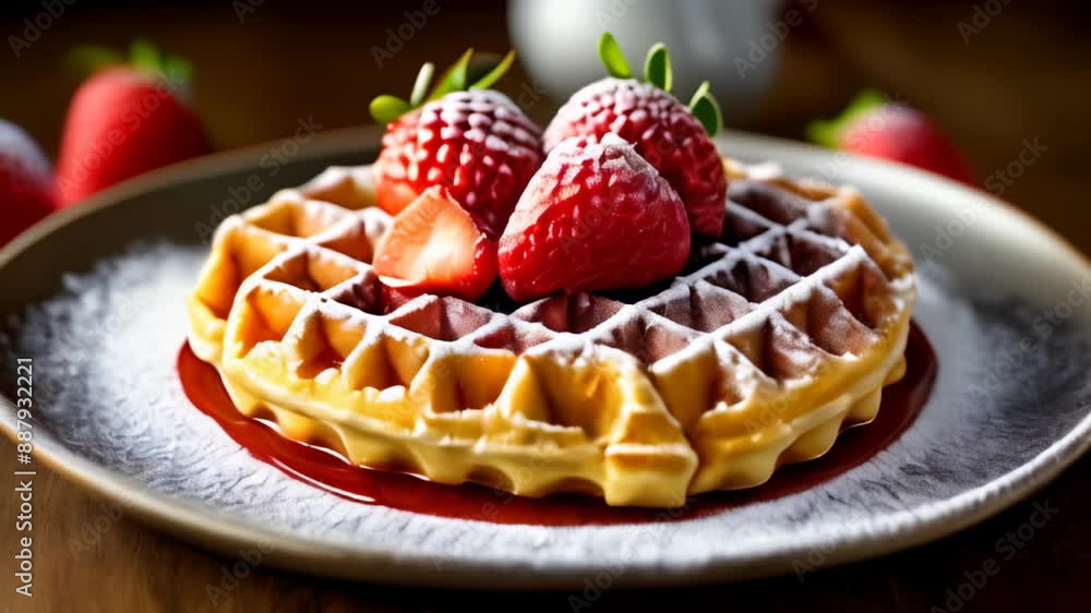Deliciously sweet waffle dessert with fresh strawberries Deliciously sweet waffle dessert with fresh strawberries