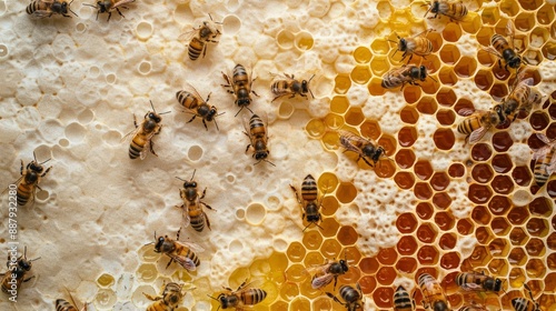 Close-up view of bees on honeycomb filled with golden honey. Natural and vibrant scene of bee activity.  photo