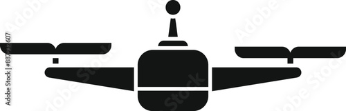 Black silhouette of a drone flying with its four propellers and an antenna for remote control