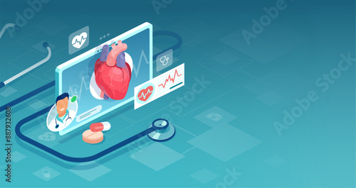 Vector of a cardiologist giving advice online: telemedicine and online doctor concept