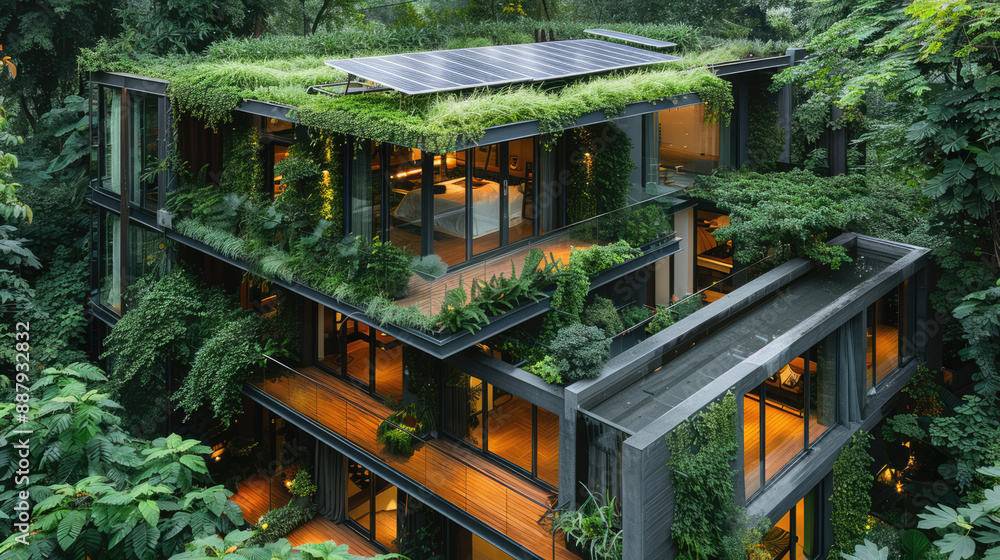 Fototapeta premium Solar panels on the roof of a stylish, eco-friendly home surrounded by greenery