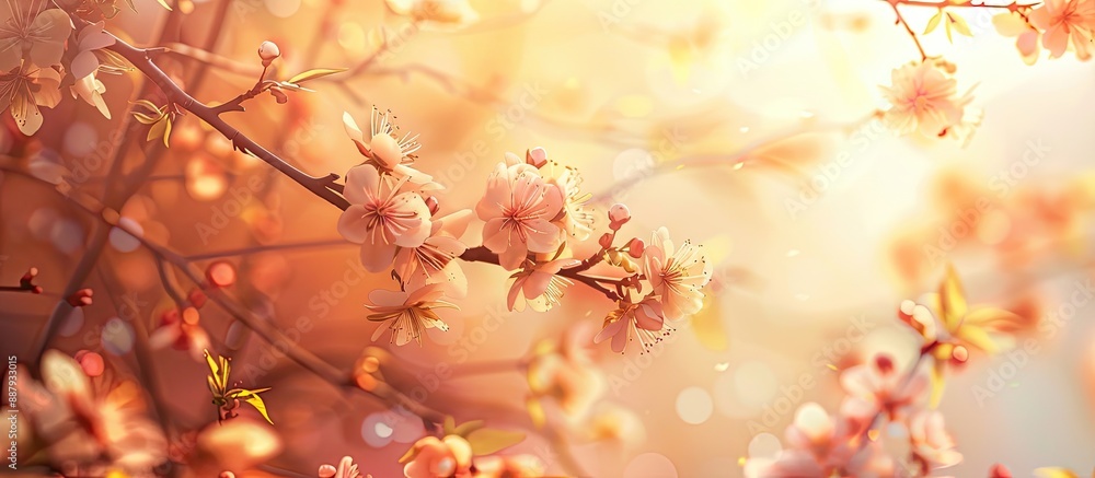 Branches with blooming flowers in the foreground creating a soft and blurry background with copy space image Branches with blooming flowers in the foreground creating a soft and blurry background with copy space image