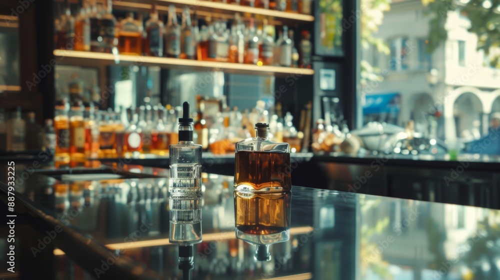 Fototapeta premium Bar interior with bottles and decanters reflected on the counter
