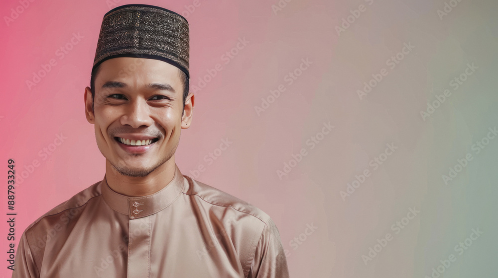 muslim man smiling wearing hat and traditional cloth muslim man smiling wearing hat and traditional cloth