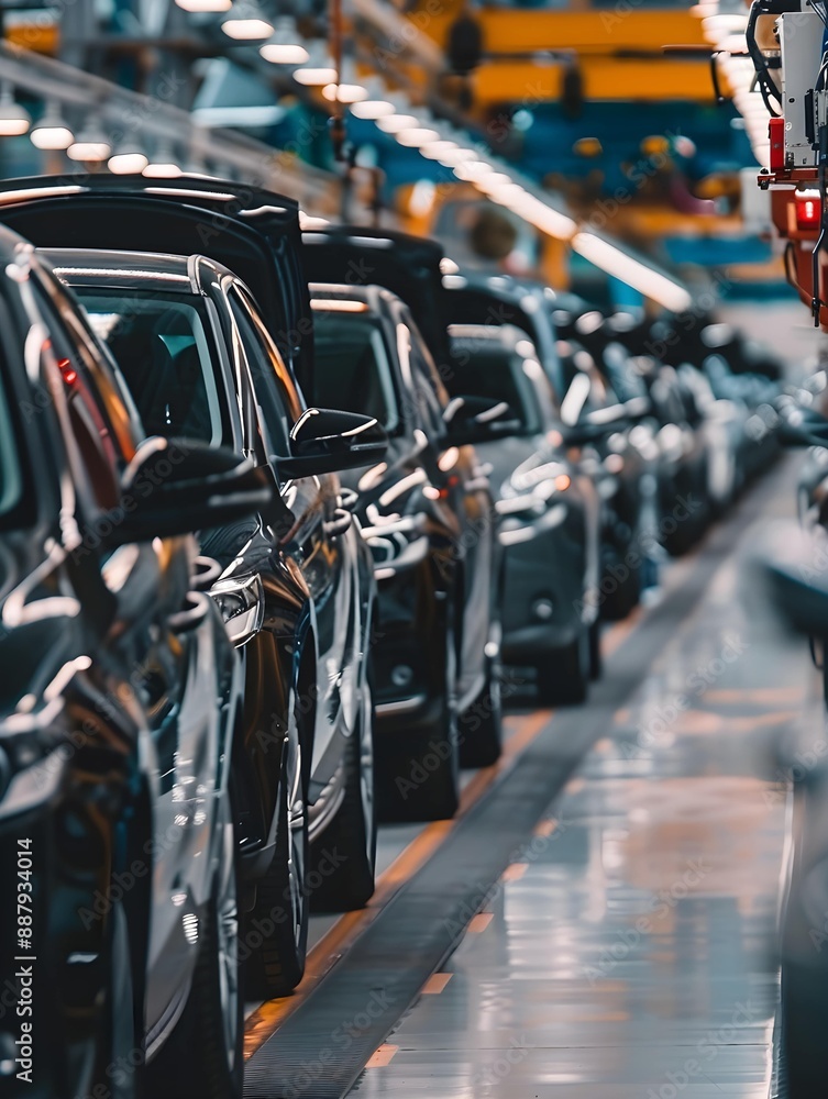 Obraz premium Mass production assembly line of modern cars in a busy factory