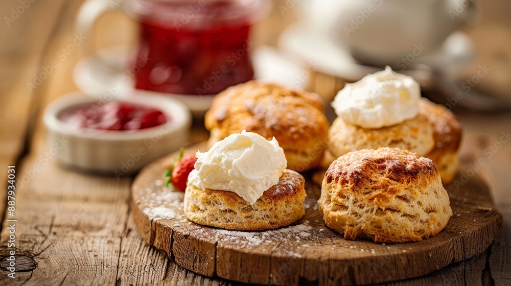 Freshly baked scones with clotted cream and jam. Freshly baked scones with clotted cream and jam.