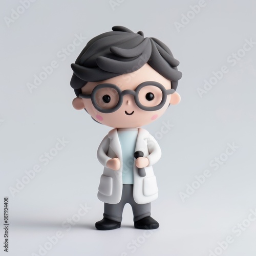 Adorable 3D Clay Sculpture of a Kawaii Scientist with Tiny Black Dot Eyes on White Background, Generative Ai