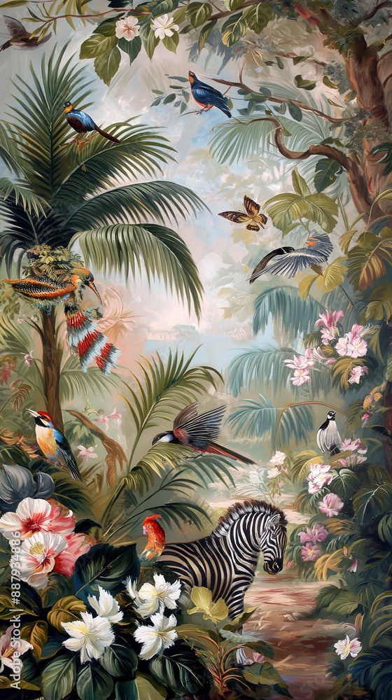 Obraz premium Vintage wallpaper of lush jungle in pastel shades, depicting exotic birds and zebras in the background, oil painting. 