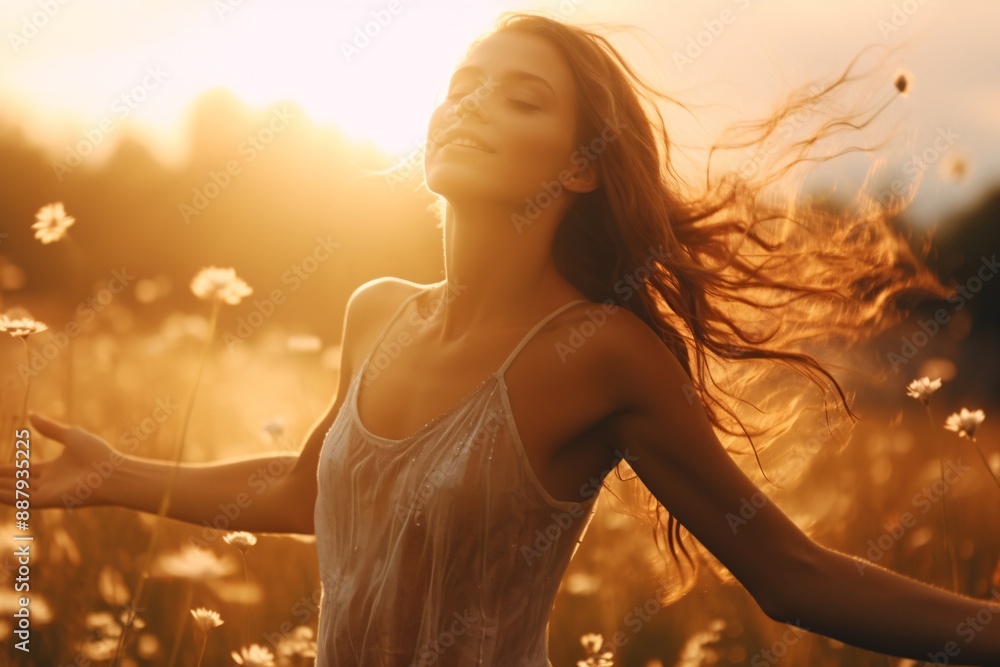 a woman in a field with flowers a woman in a field with flowers