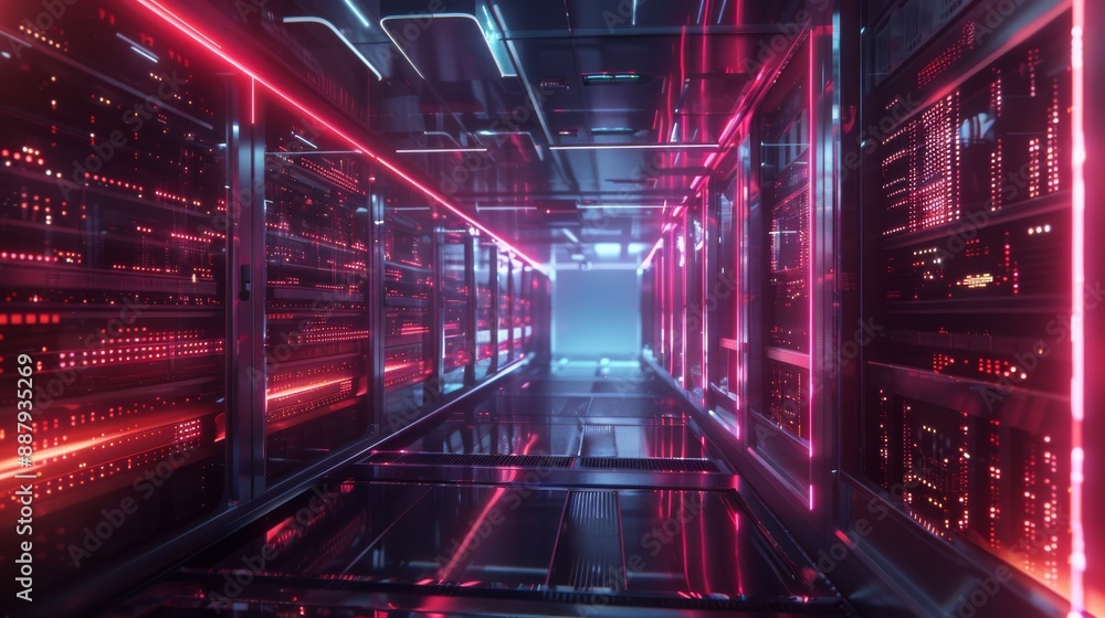 An illuminating and modern network server room. An illuminating and modern network server room.