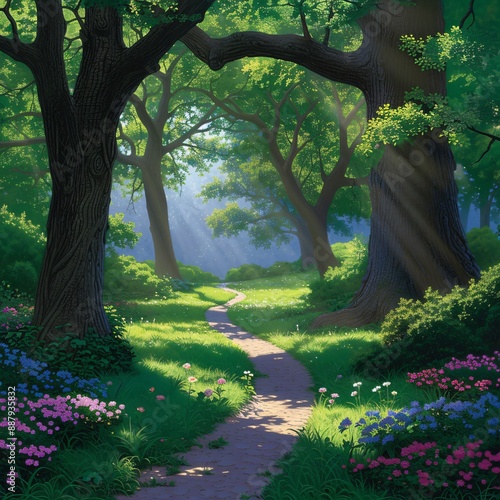 Enchanting Forest Path Bathed in Dappled Sunlight