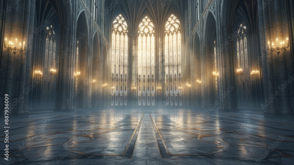Majestic Gothic cathedral interior with intricate architecture, large stained glass windows, and ethereal lighting creating a serene atmosphere. Majestic Gothic cathedral interior with intricate architecture, large stained glass windows, and ethereal lighting creating a serene atmosphere.