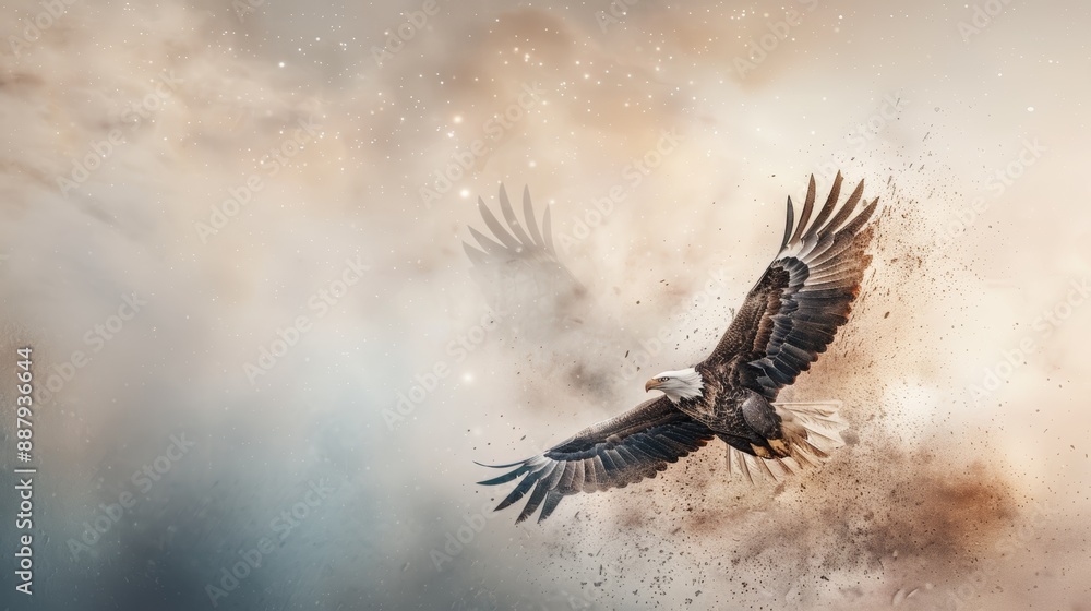 Fototapeta premium A majestic eagle soars through a cloudy sky, creating a dynamic and inspiring scene that embodies freedom and strength.