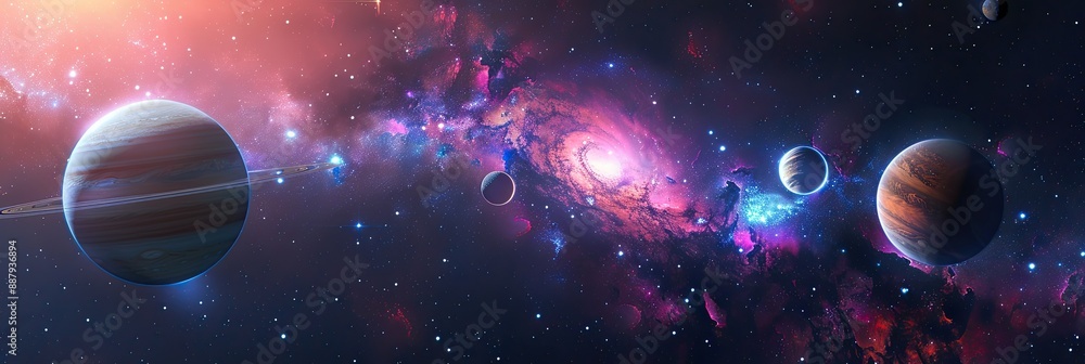 Planets and galaxy, science fiction wallpaper. Beauty of deep space. Billions of galaxies in the universe Cosmic art background